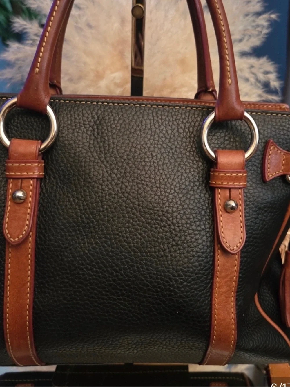 Dooney & Bourke Black Pebbled Leather Tote with Brown Trim